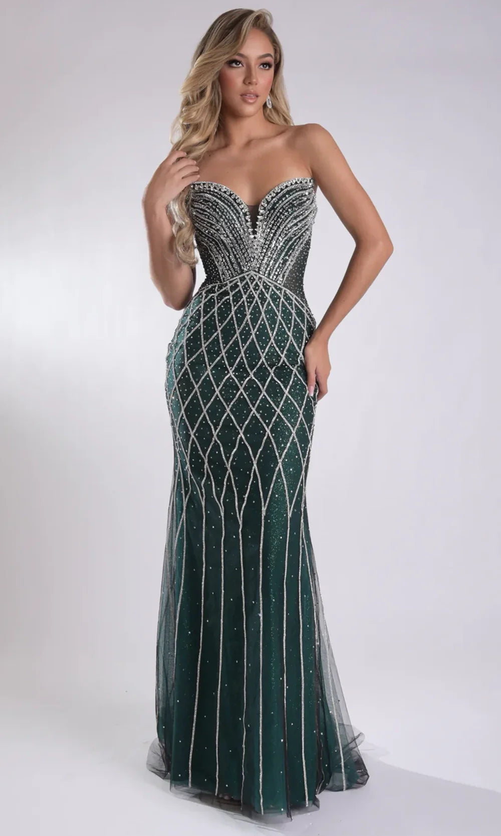 Jasz Couture 7962 - Crystal Beaded Strapless Fitted Long Gown Prom Dresses in Emerald 