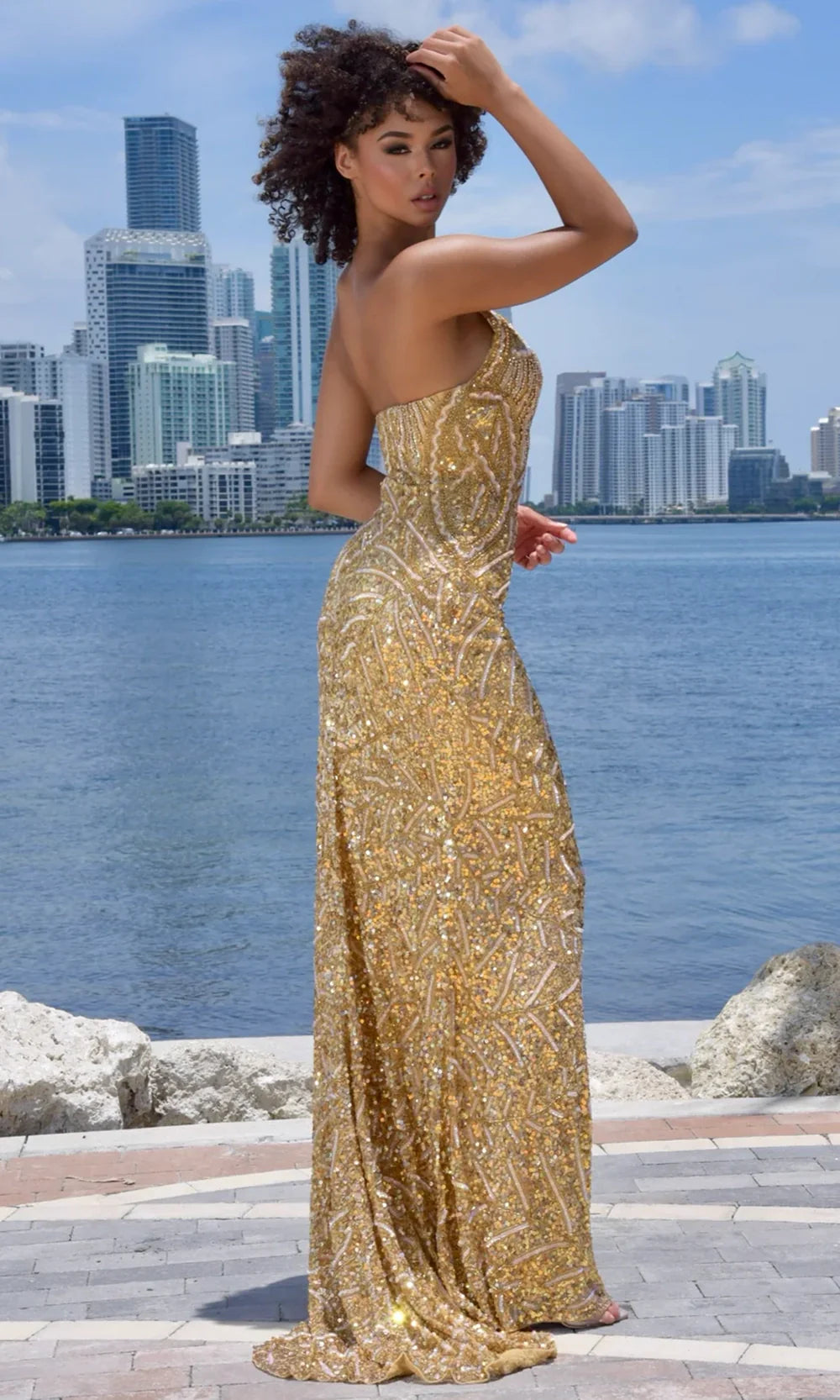 Jasz Couture 7976 - Sequined High Slit Evening Gown Prom Dresses in Gold 