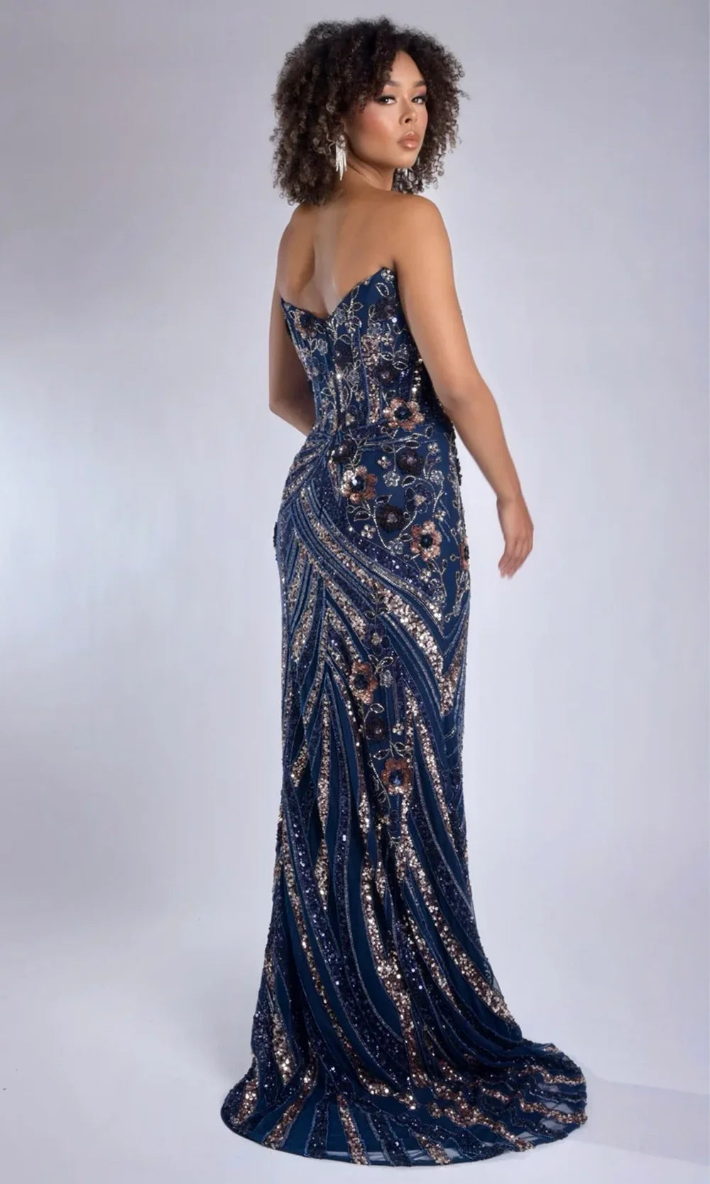Jasz Couture 7979 - Beaded Floral V-Neckline High Slit Gown Prom Dresses in Navy 