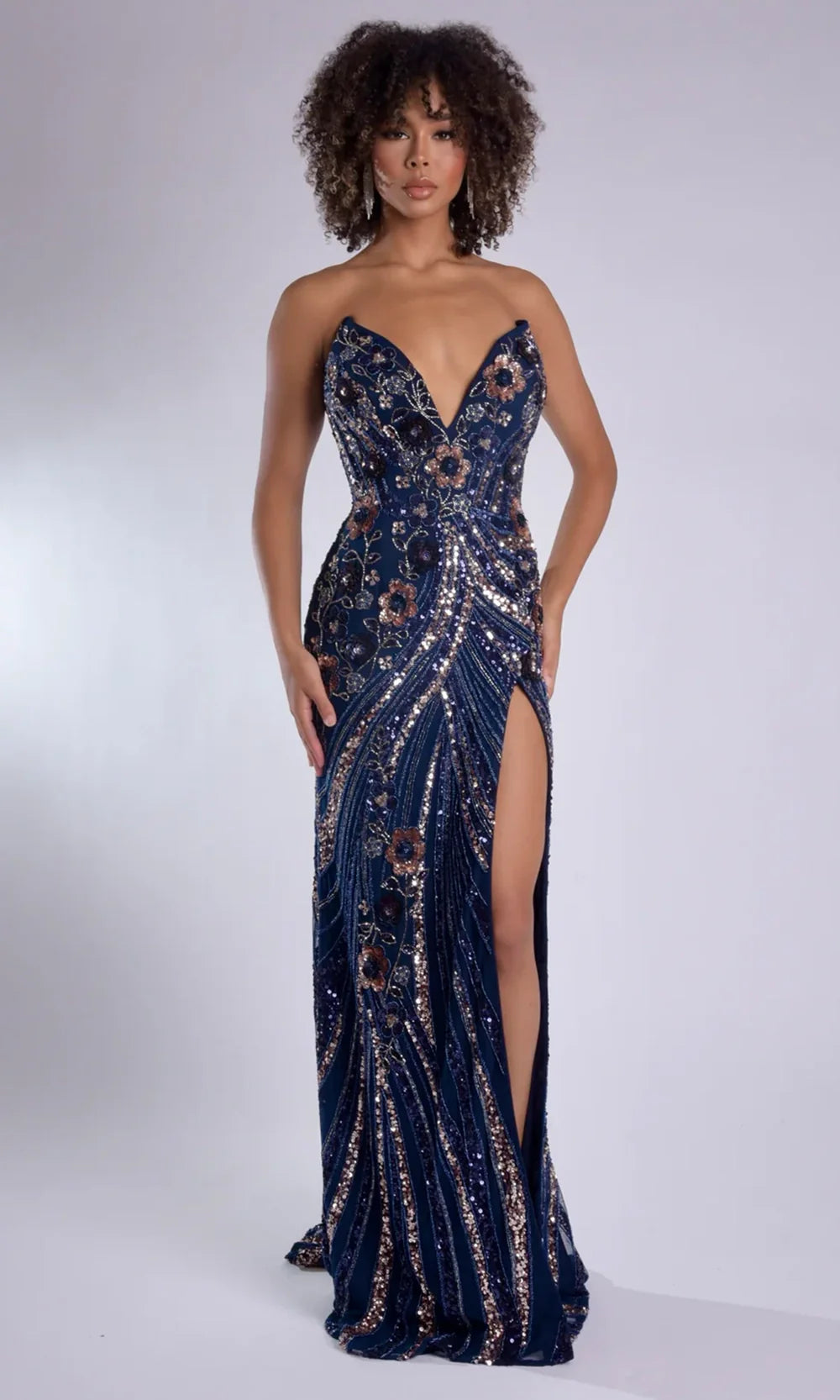 Jasz Couture 7979 - Beaded Floral V-Neckline High Slit Gown Prom Dresses in Navy 