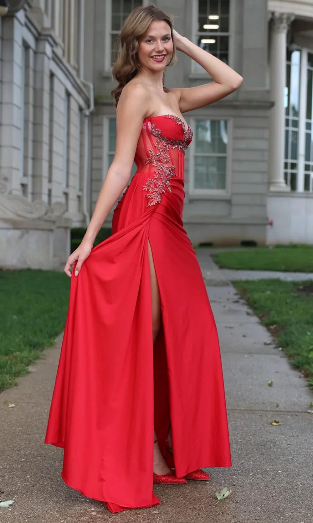 Jasz Couture 7982 - Sweetheart Neckline Crystal Embellished Prom Gown Prom Dresses in Red 