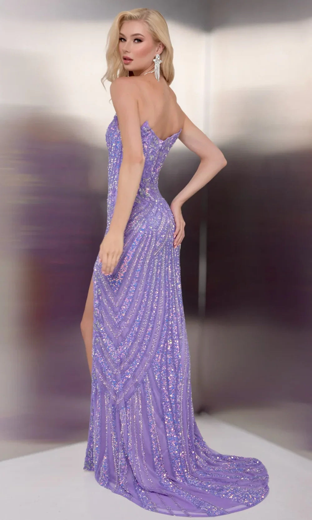 Jasz Couture 7984 - High Slit Fully Embellished Strapless Gown Prom Dresses in Lilac 