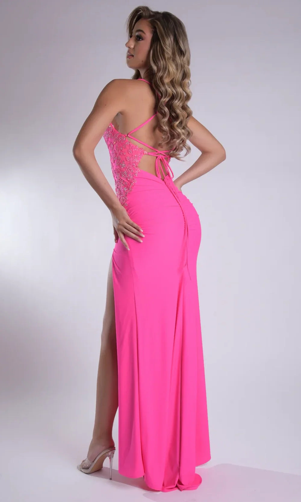 Jasz Couture 7985 - Beaded Lace Sleeveless V-Neck Prom Gown Prom Dresses in Fuchsia 