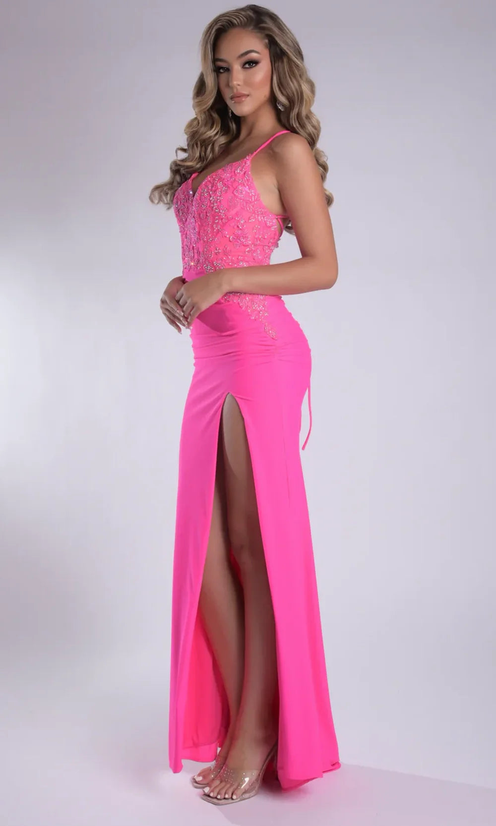 Jasz Couture 7985 - Beaded Lace Sleeveless V-Neck Prom Gown Prom Dresses in Fuchsia 