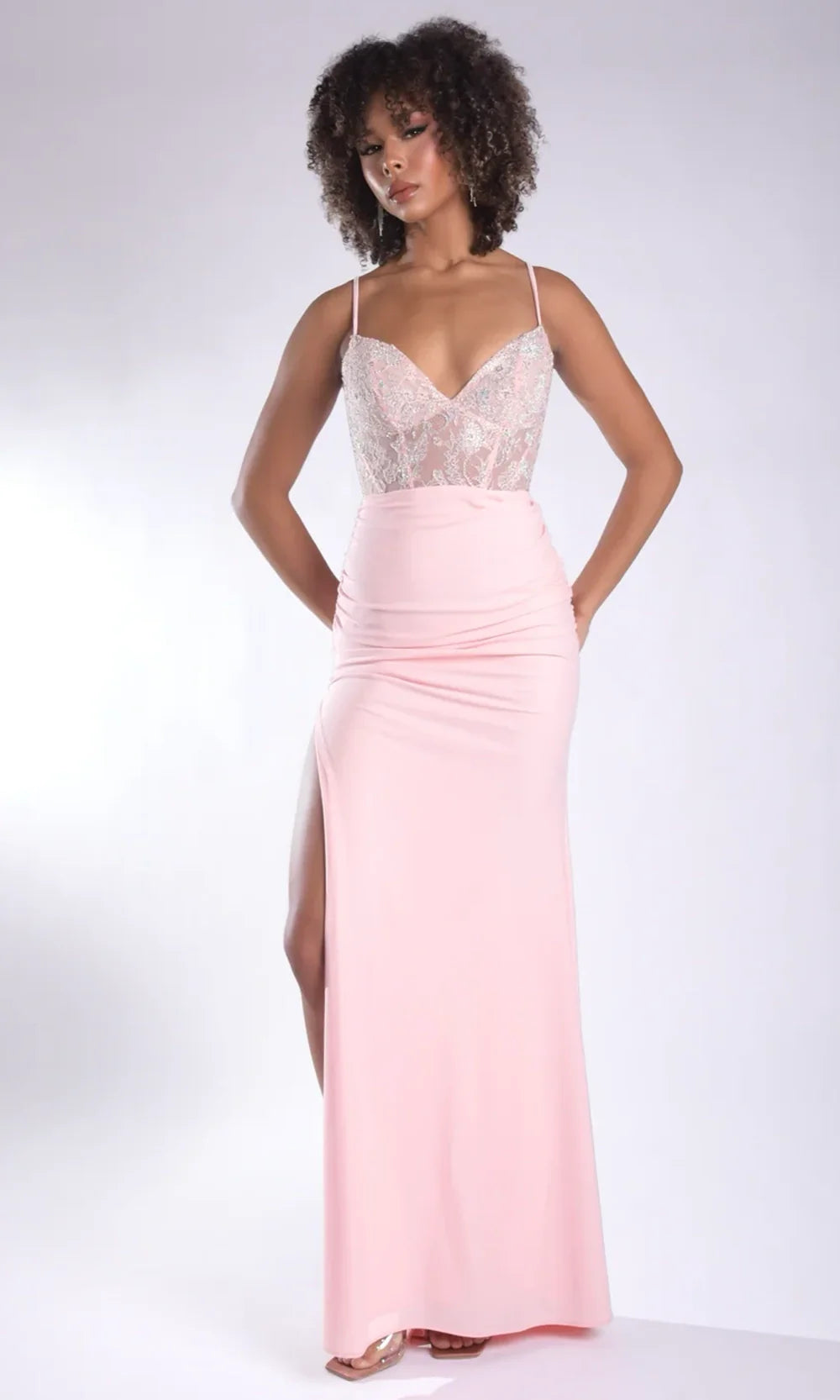 Jasz Couture 7986 - Ruched Skirt Spaghetti Strap V-Neck Gown Prom Dresses in Pink 