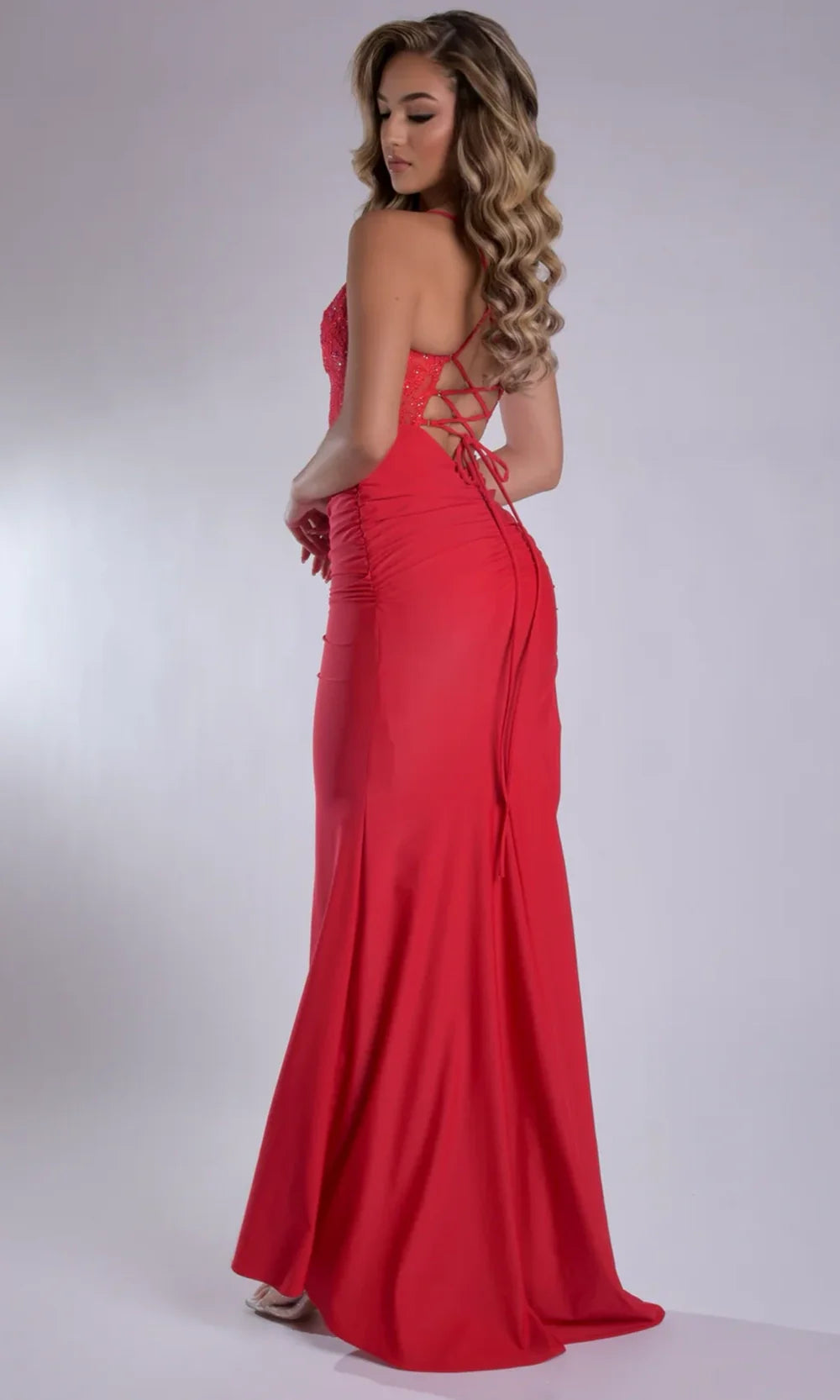 Jasz Couture 7986 - Ruched Skirt Spaghetti Strap V-Neck Gown Prom Dresses in Red 