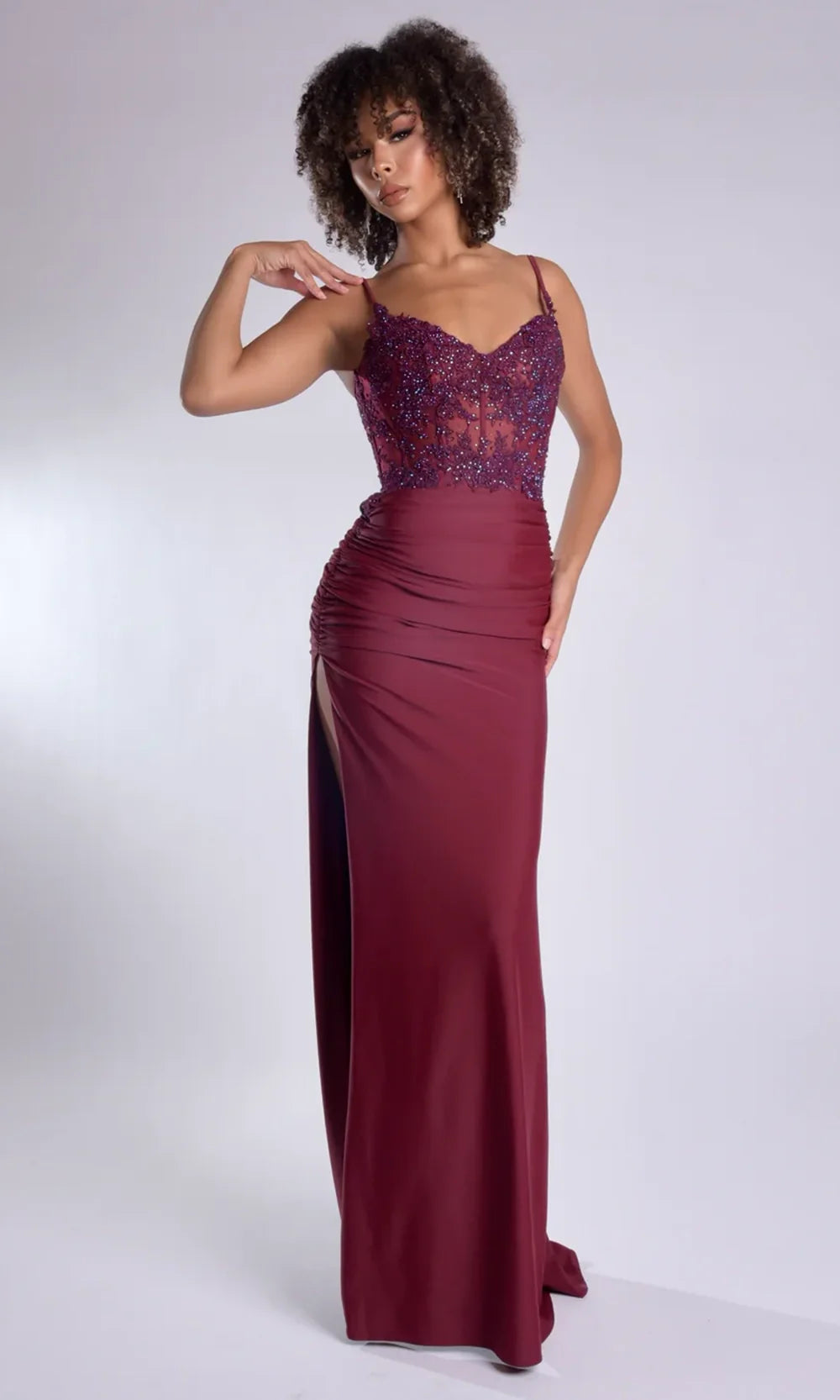 Jasz Couture 7988 - Ruched Slit Evening Gown with V-Neckline Prom Dresses in Wine 