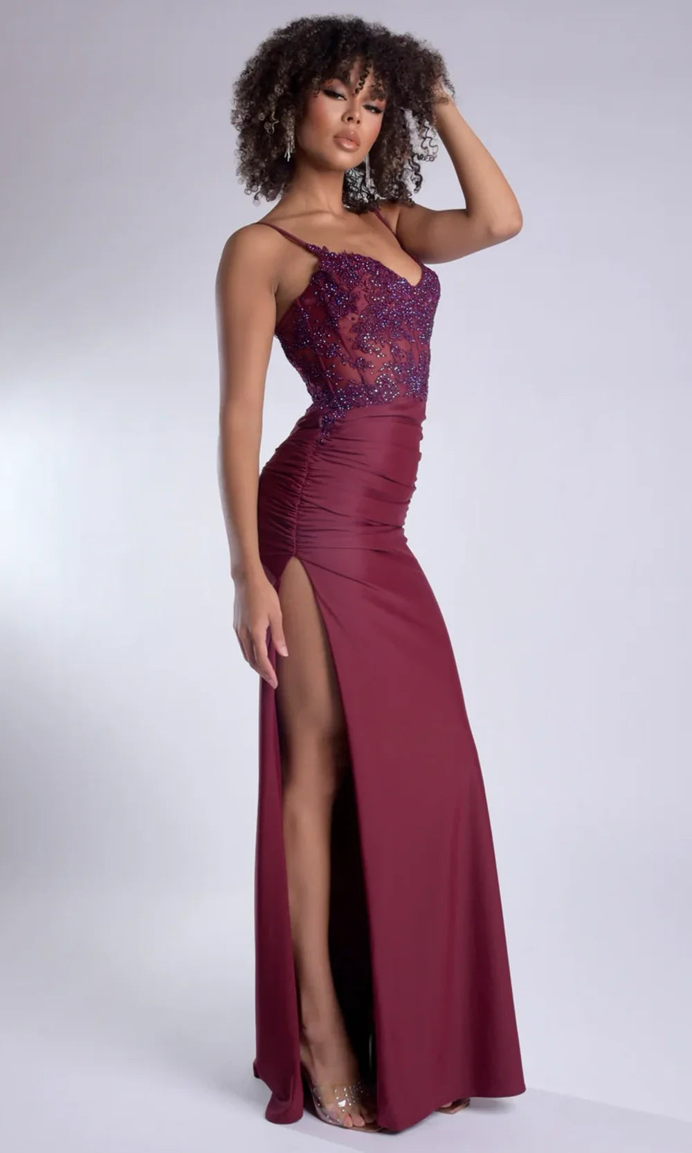 Jasz Couture 7988 - Ruched Slit Evening Gown with V-Neckline Prom Dresses in Wine 