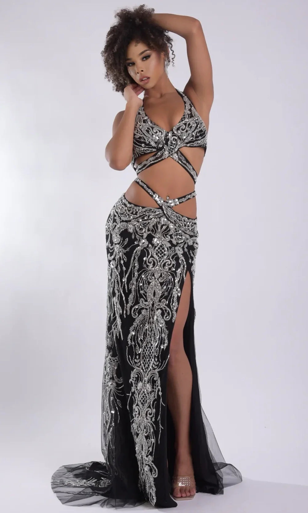 Jasz Couture 7900 - Embellished Halter Sheath Gown with Cutout Detail Prom Dresses in Black 