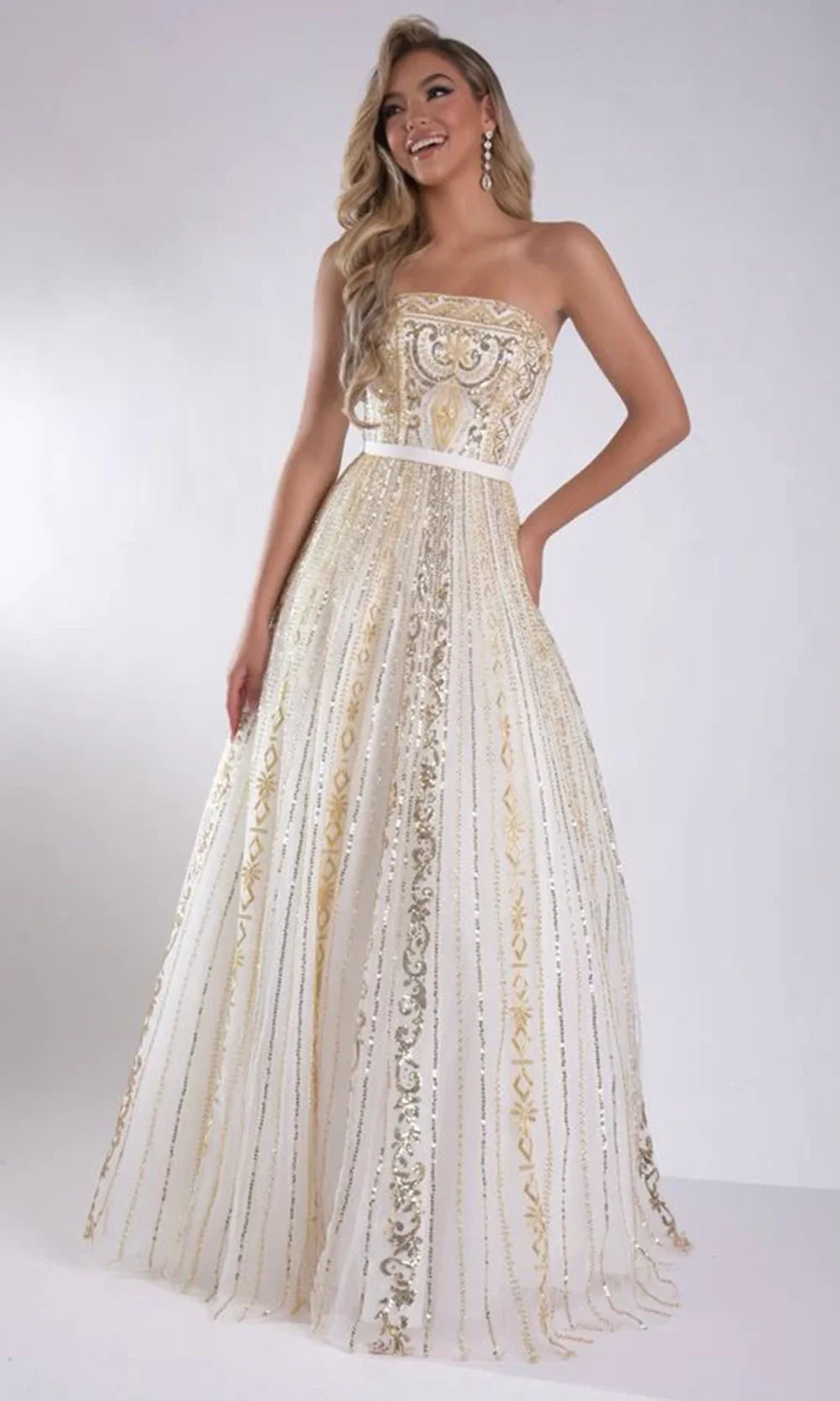 Jasz Couture 7952 - Beaded Detail Strapless Ballgown Ball Gowns in White Gold