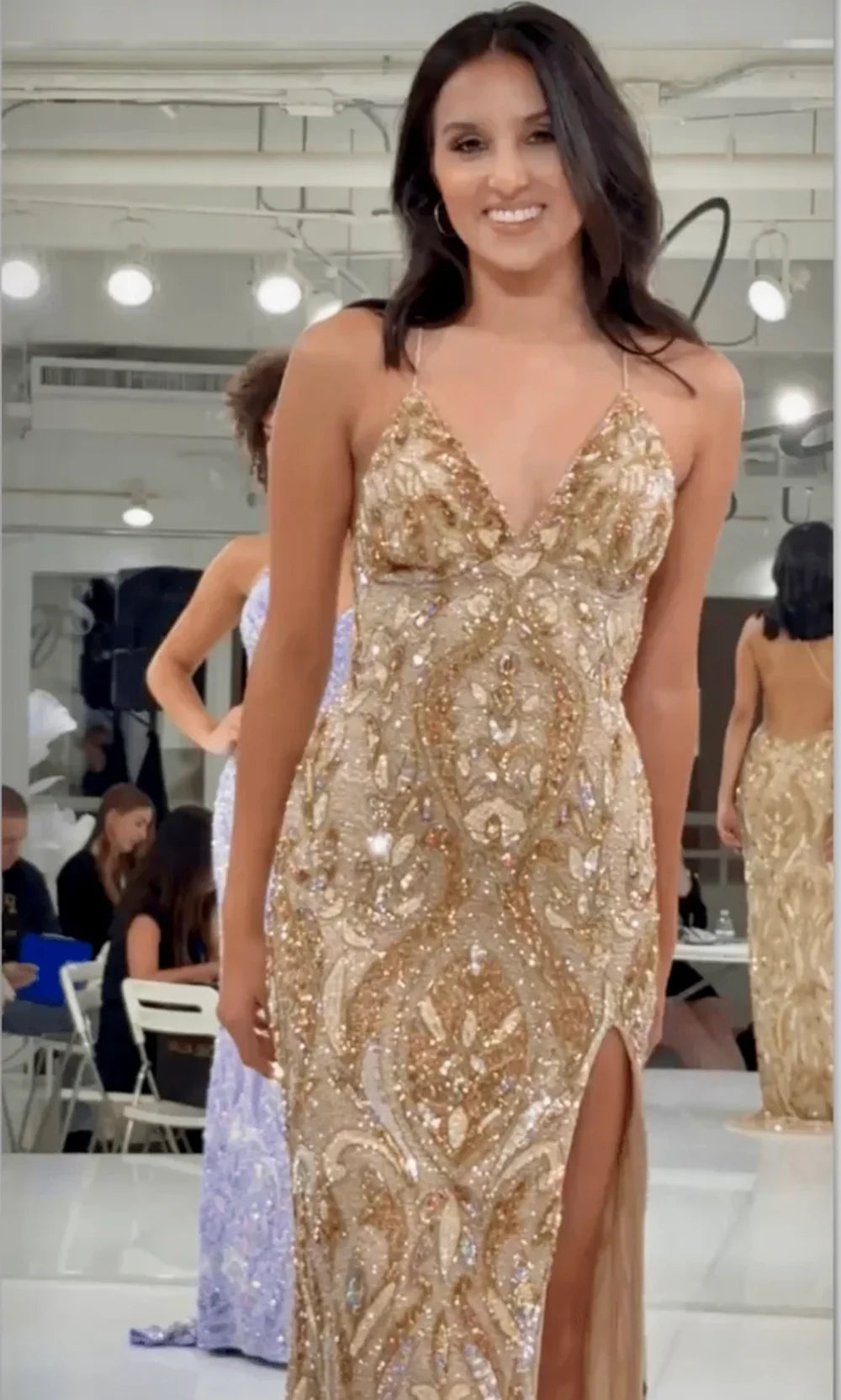 Jasz Couture 7951 - Sleeveless V-Neckline Beaded Sparkle Gown Prom Dresses in Gold 