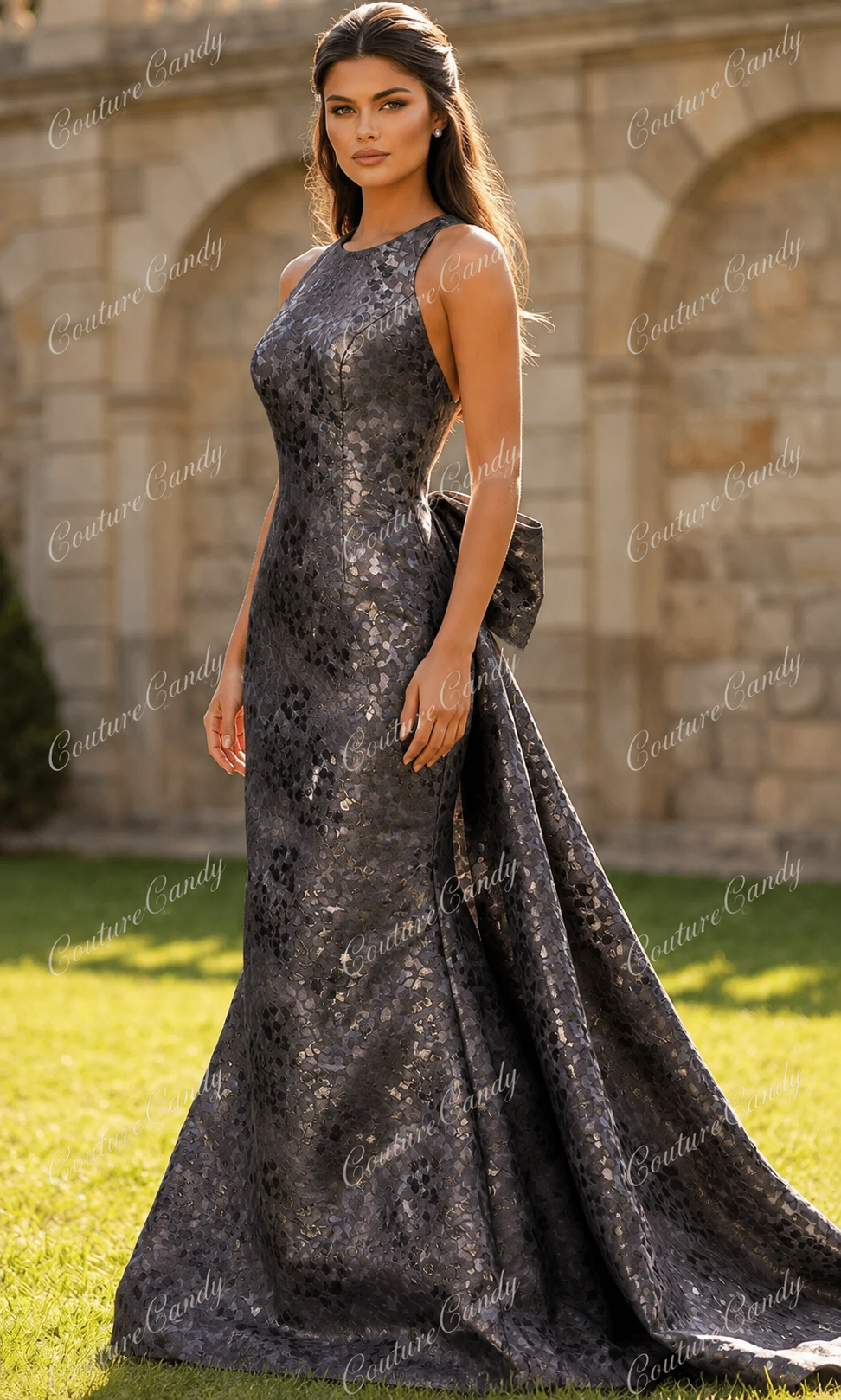 Jovani 49382 - Textured Open Back Long Gown with Overskirt