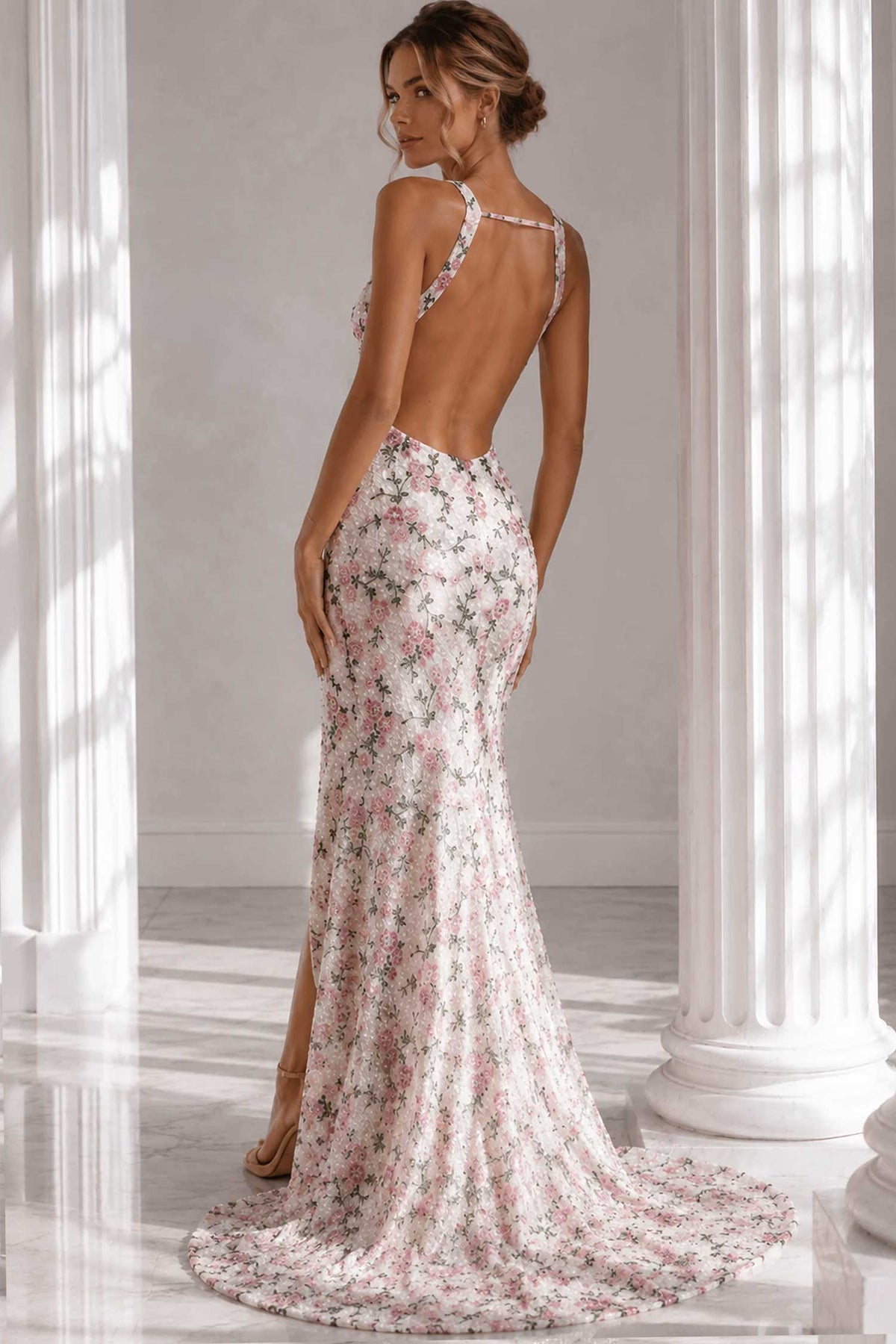 jovani 51556 - plunging neck floral sheath prom gown