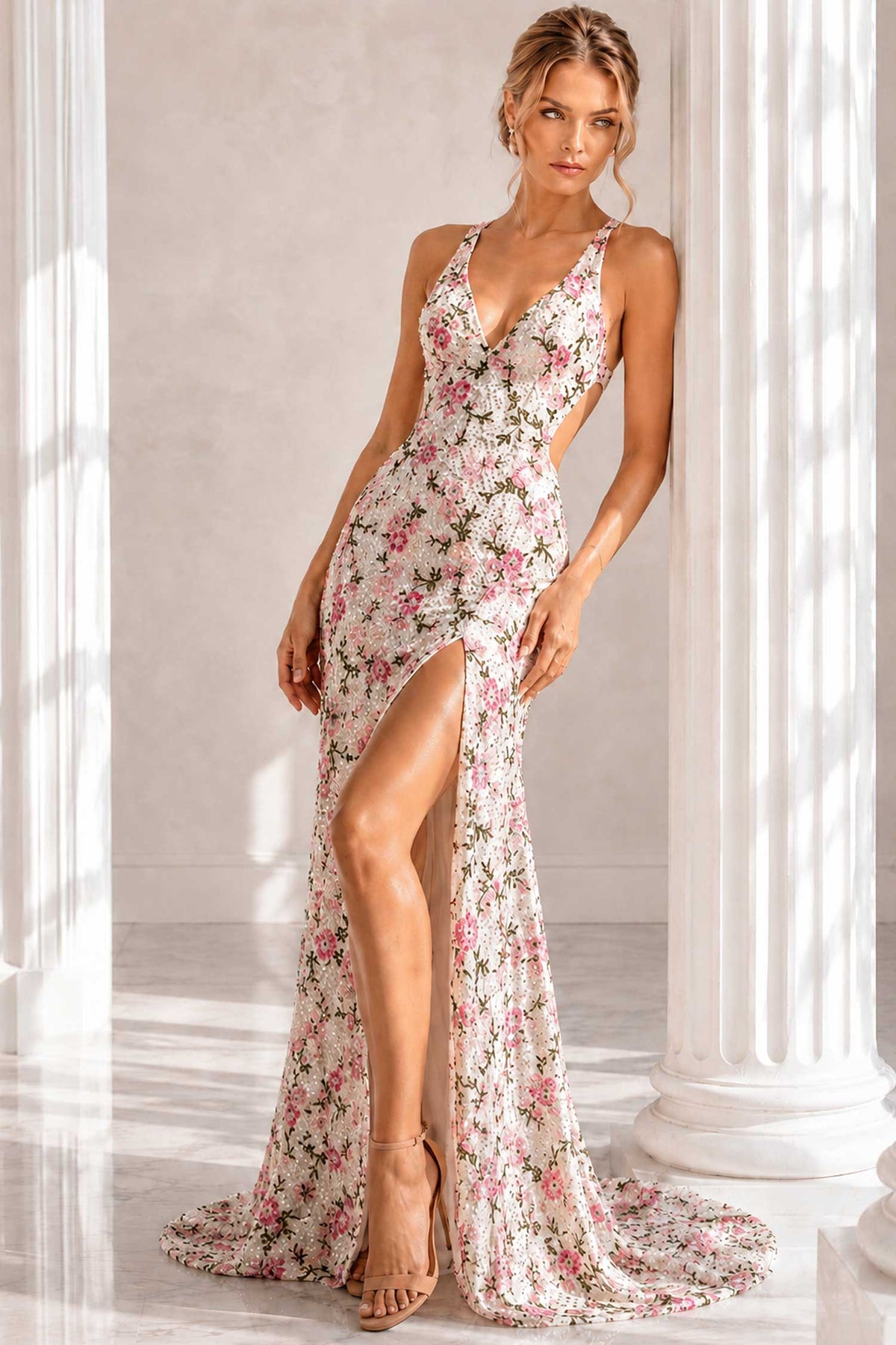 jovani 51556 - plunging neck floral sheath prom gown