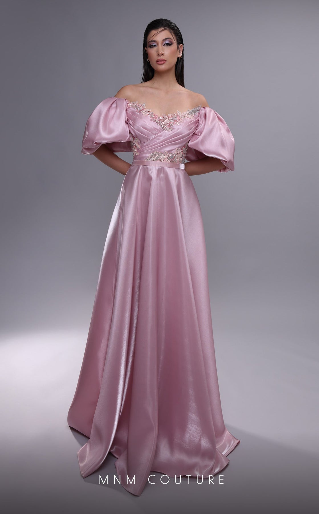 MNM COUTURE K4094 - Puff Sleeve Applique Evening Gown