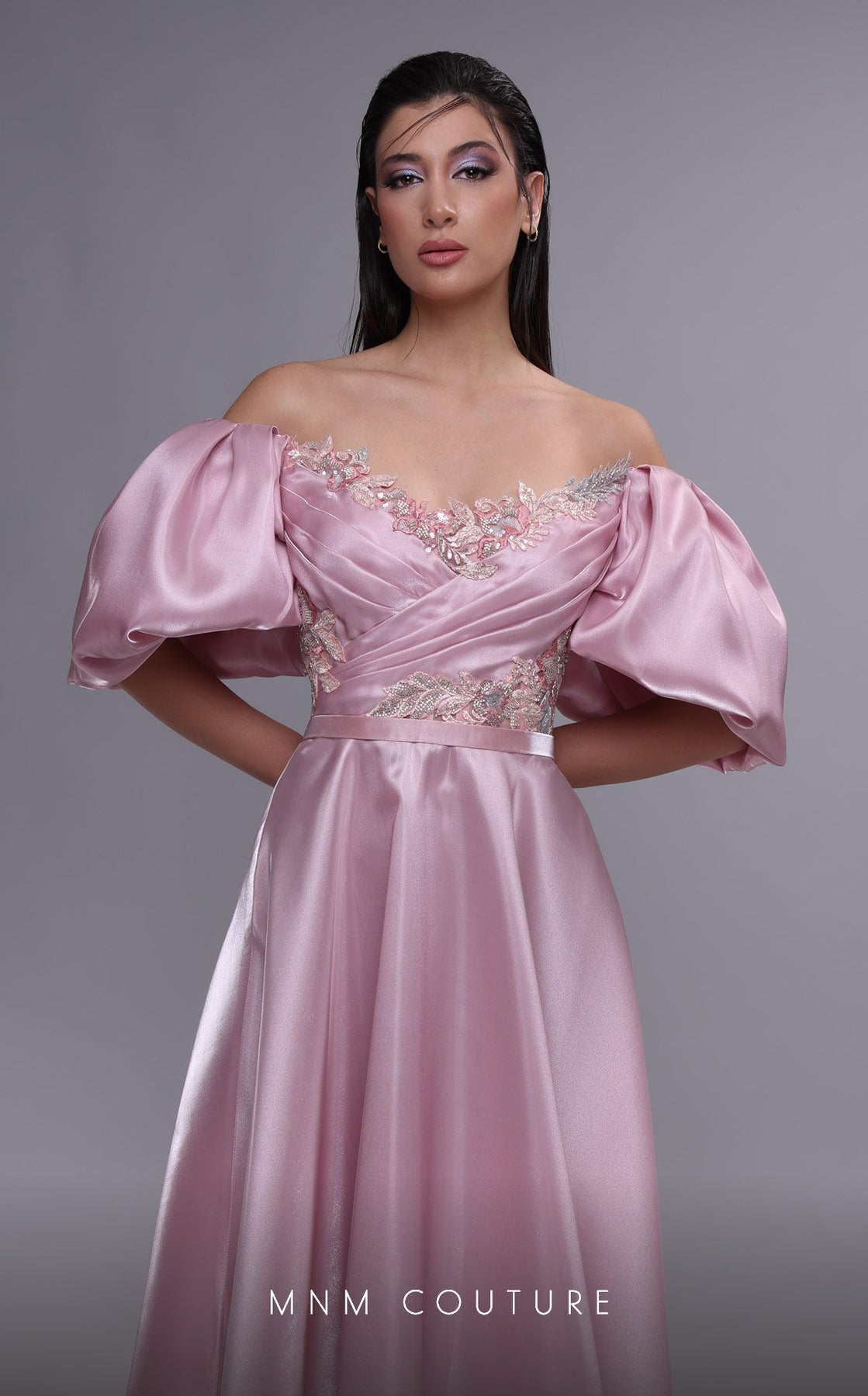MNM COUTURE K4094 - Puff Sleeve Applique Evening Gown