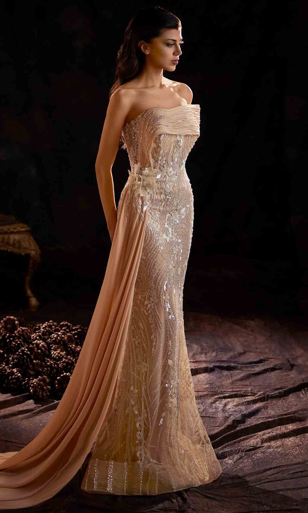MNM Couture K4206 - Sheath Skirt Draped Beaded Evening Gown Evening Dresses