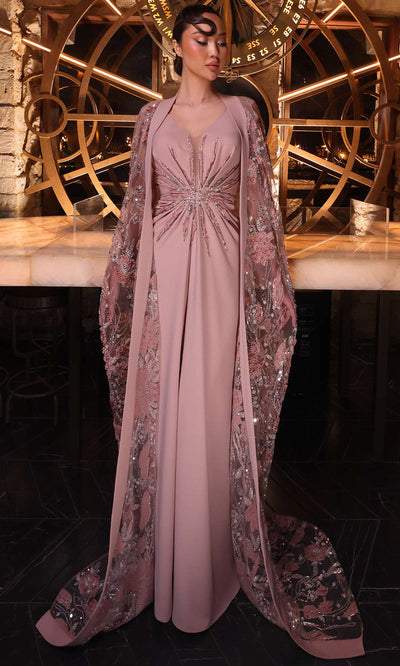 MNM Couture K4274 - Starburst Beaded Gown with Sheer Cape Mother of the Bride Dresses