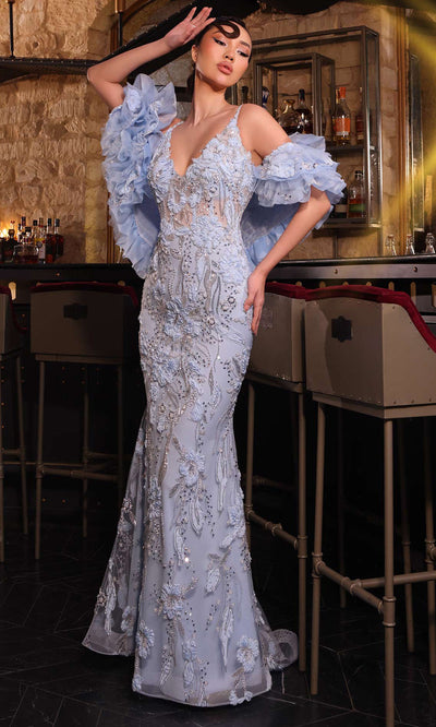 MNM Couture K4275 - Deep V-Neck Embellished Gown with Cape Evening Dresses