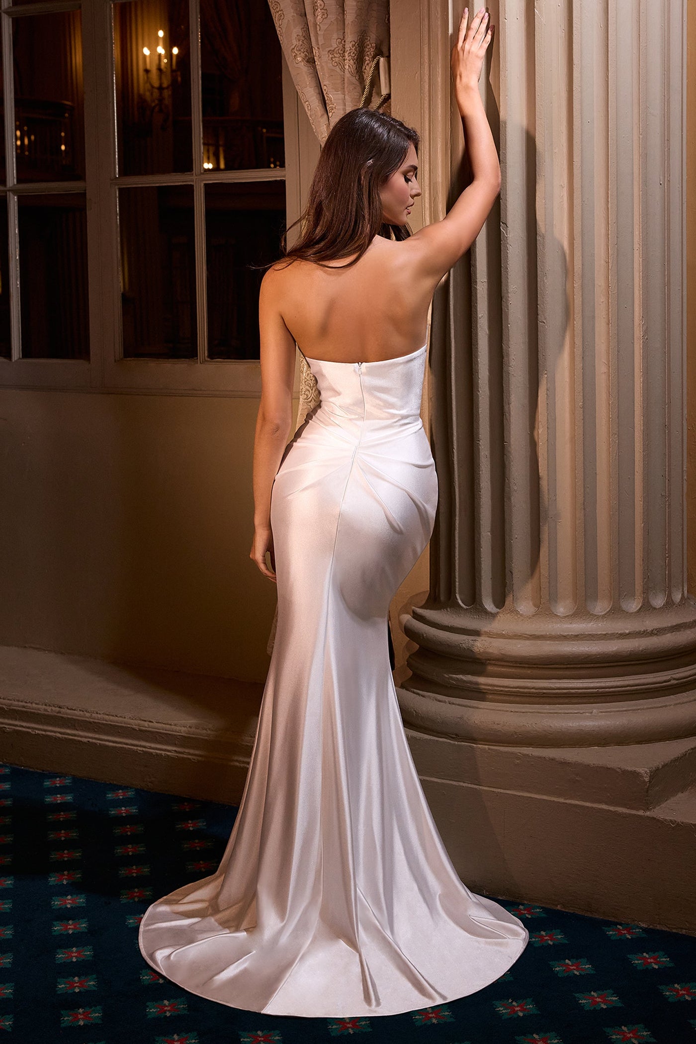 Ladivine Bridal KV1118W - Strapless Asymmetric Neck Sheath Gown Prom Dresses in White