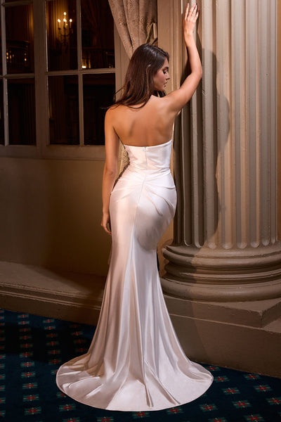 Ladivine Bridal KV1118W - Strapless Asymmetric Neck Sheath Gown Prom Dresses in White