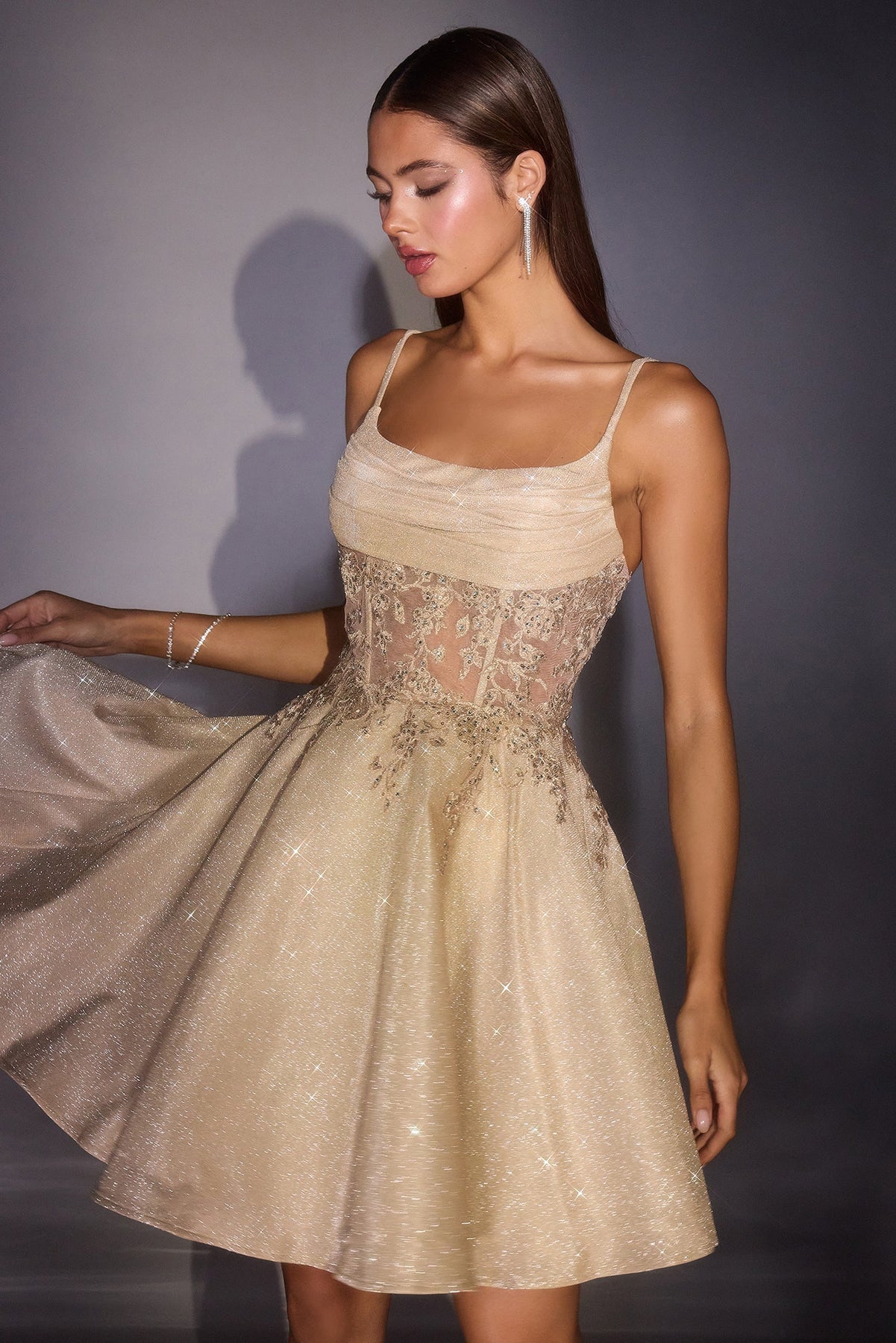 Ladivine KV1152 - Draped Scoop Neck Shimmer A-Line Dress In Neutral