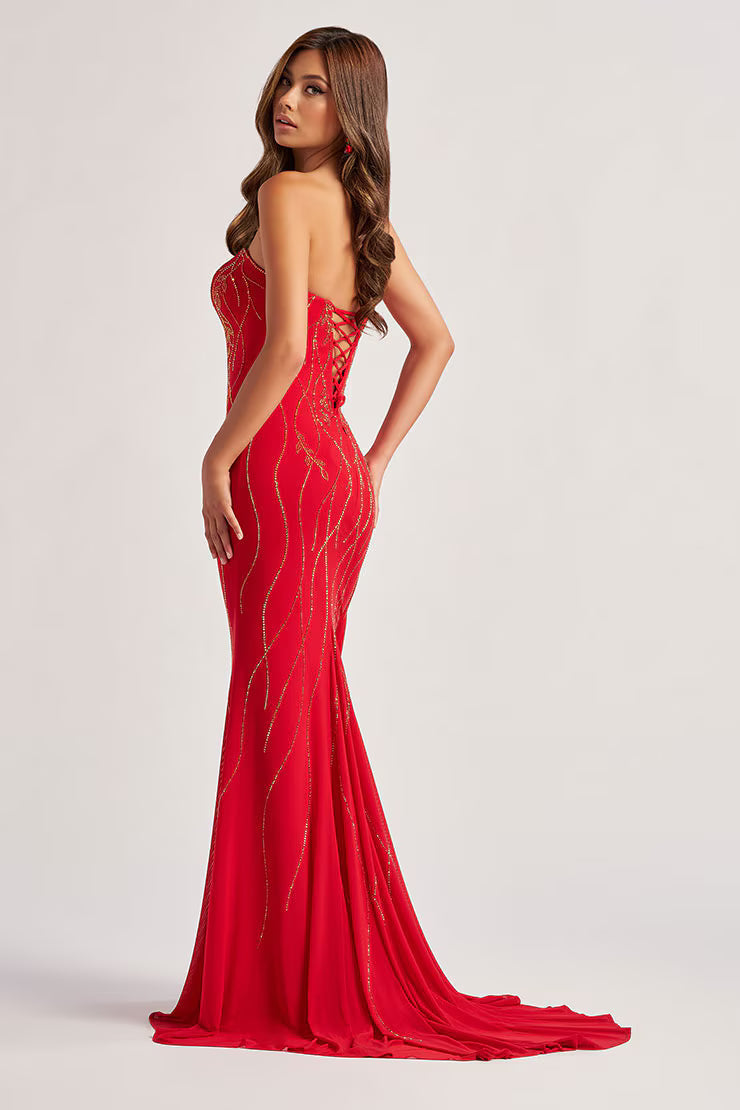 Colette by Daphne LC9001 - Lace-Up Back Beaded Sheath Dress Prom Dresses in Red  