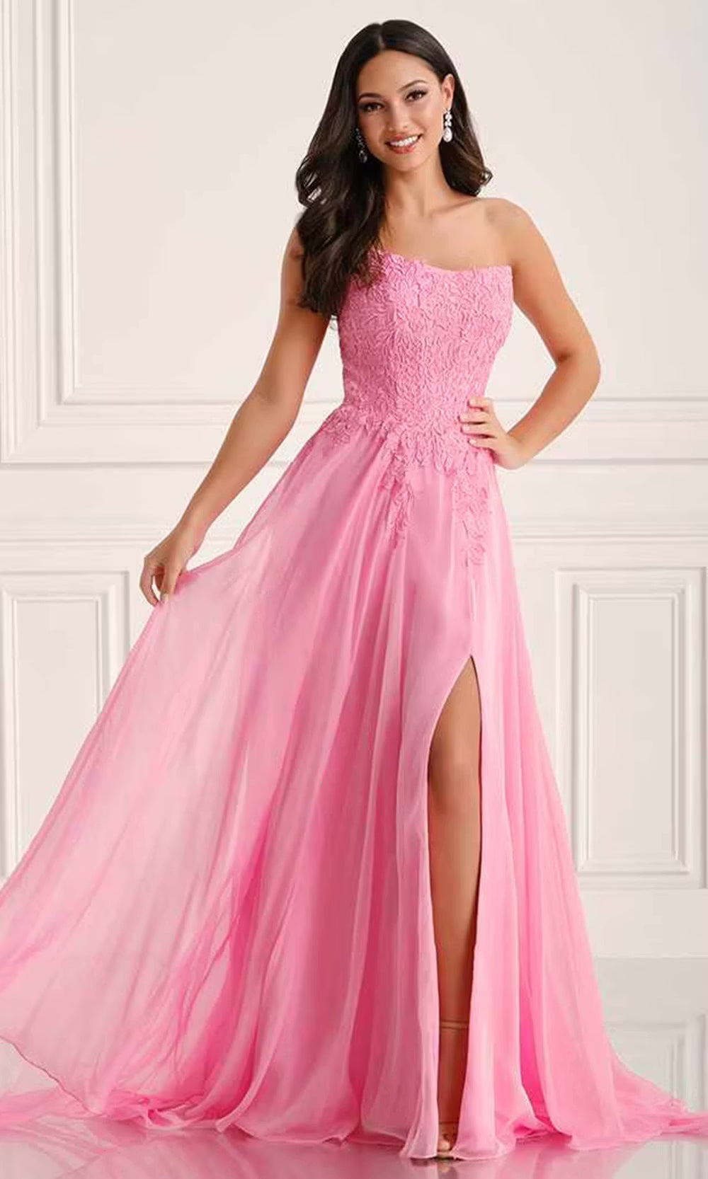 Colette by Daphne LC9008 - Lace Applique Strapless Prom Dress with Slit Prom Dresses in Pink  