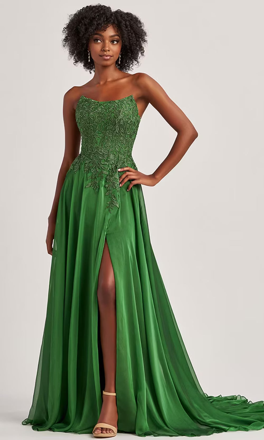 Colette by Daphne LC9008 - Lace Applique Strapless Prom Dress with Slit Prom Dresses in Green  