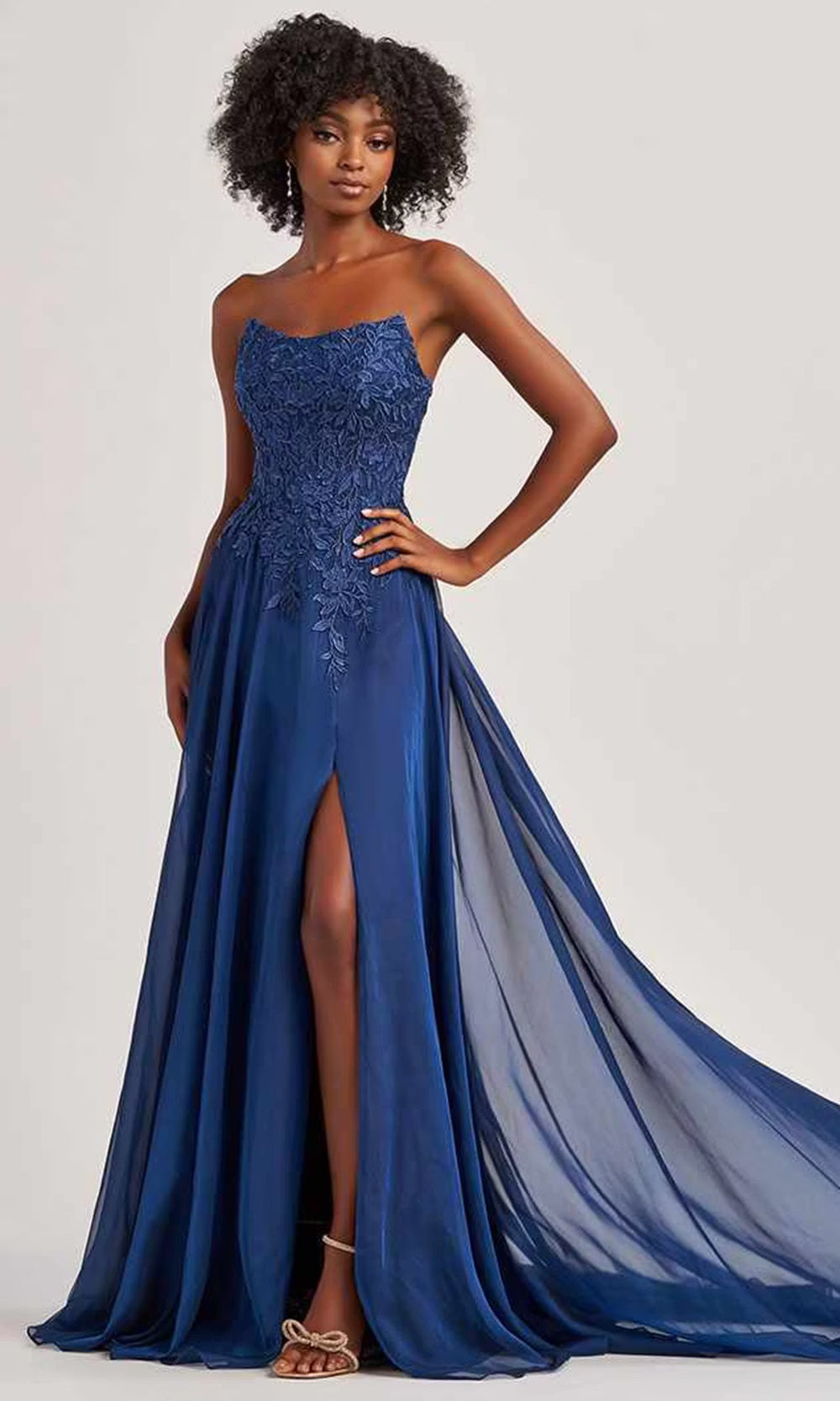 Colette by Daphne LC9008 - Lace Applique Strapless Prom Dress with Slit Prom Dresses in Blue  