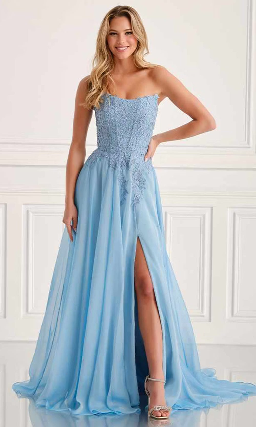 Colette by Daphne LC9008 - Lace Applique Strapless Prom Dress with Slit Prom Dresses in Blue  