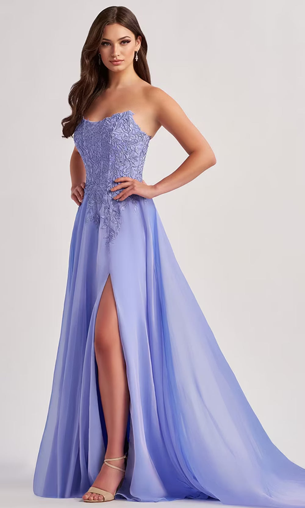 Colette by Daphne LC9008 - Lace Applique Strapless Prom Dress with Slit Prom Dresses in Purple  