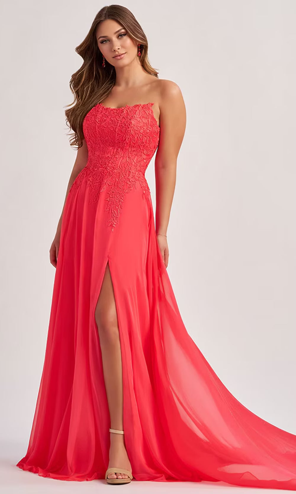 Colette by Daphne LC9008 - Lace Applique Strapless Prom Dress with Slit Prom Dresses in Pink  