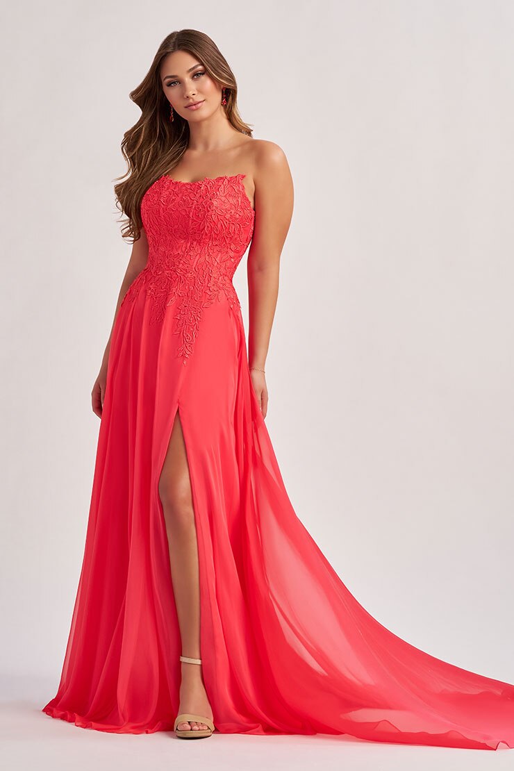 Colette by Daphne LC9008 - Lace Applique Strapless Prom Dress with Slit Prom Dresses in Pink  