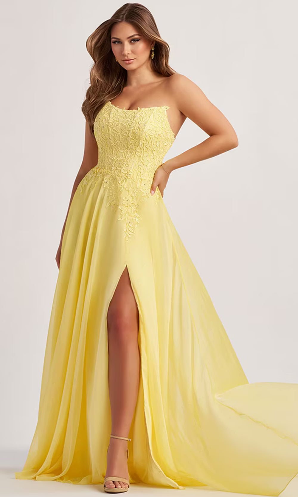 Colette by Daphne LC9008 - Lace Applique Strapless Prom Dress with Slit Prom Dresses in Yellow  
