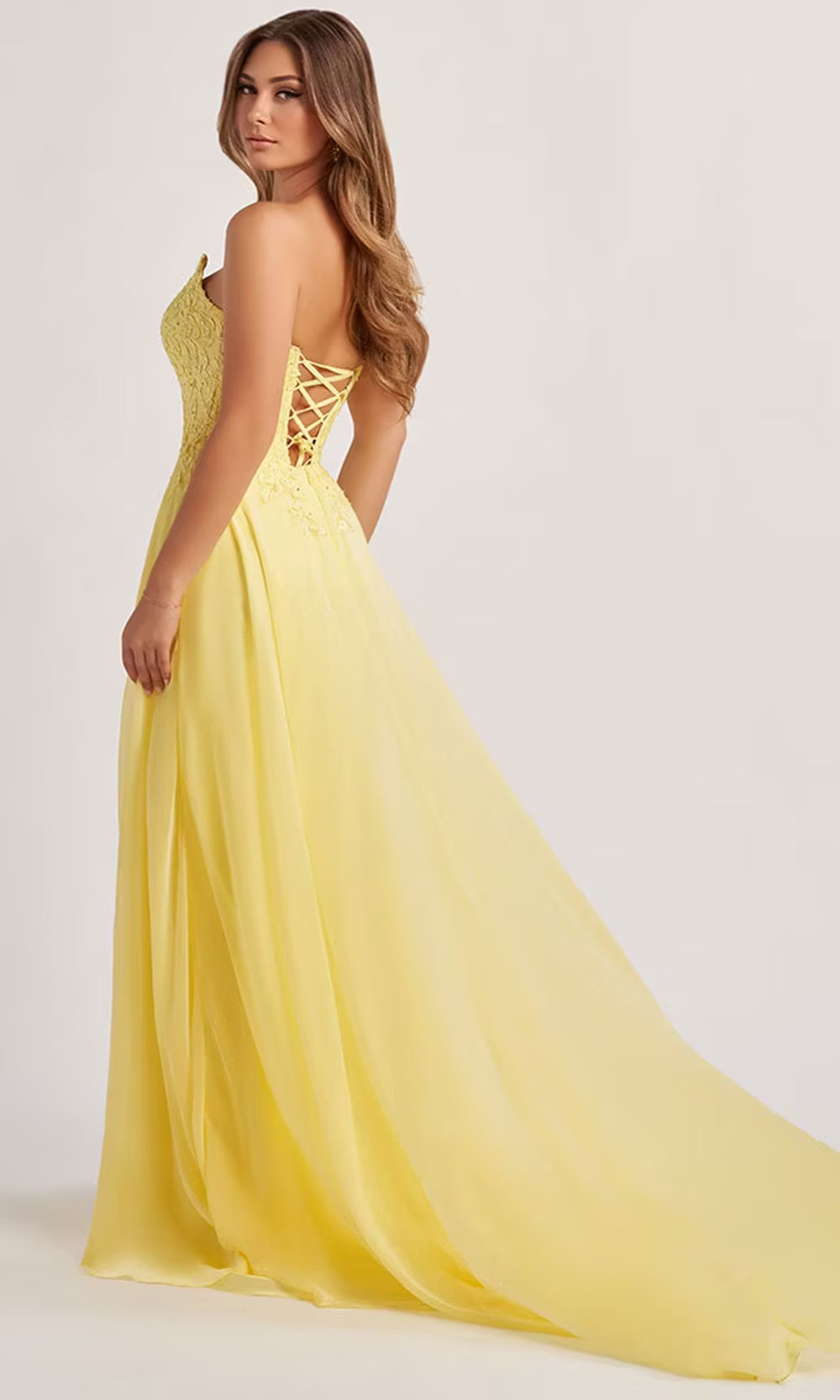 Colette by Daphne LC9008 - Lace Applique Strapless Prom Dress with Slit Prom Dresses in Yellow  
