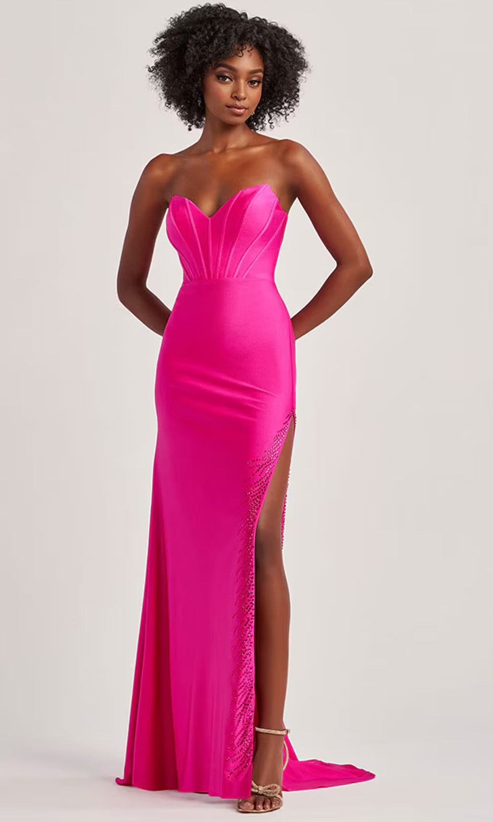 Colette by Daphne LC9010 - Strapless Corset Long Dress with Beaded Slit Special Occasion Dress in Pink  