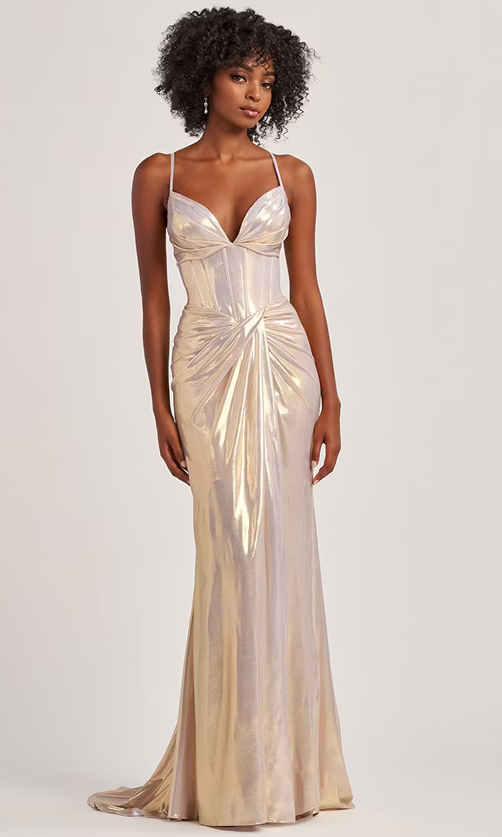 Colette by Daphne LC9017 - Lace-Up Back Liquid Lame Ruched Dress Prom Dresses in Gold  