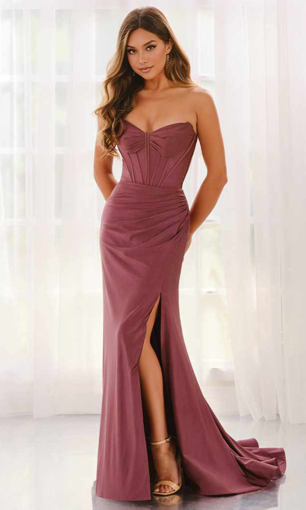 Colette by Daphne LC9056 - Strapless Corset Prom Dress with Slit Prom Dresses in Passion  