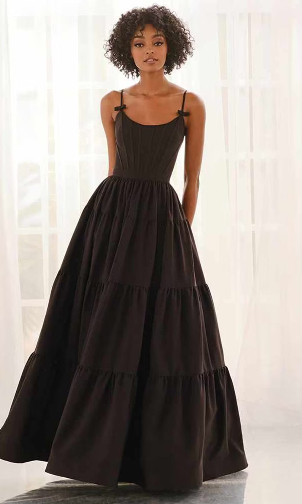 Colette by Daphne LC9070 - Bow Accent Tiered Long Dress Prom Dresses in Black  