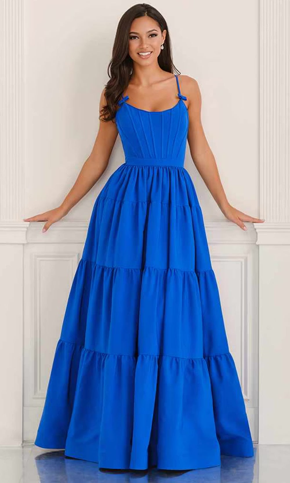 Colette by Daphne LC9070 - Bow Accent Tiered Long Dress Prom Dresses in Blue  