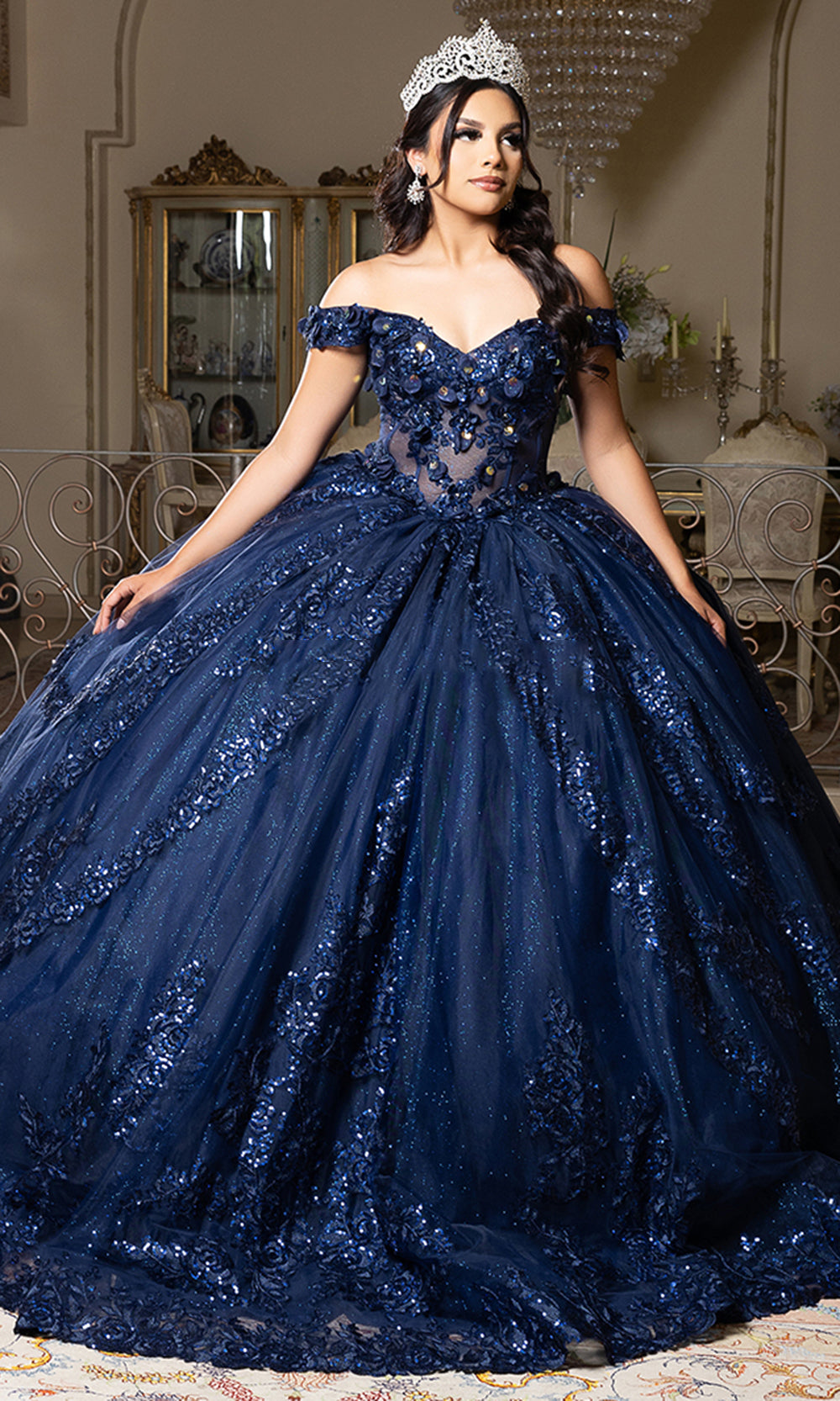 May Queen LK285 - Off Shoulder Sparkle Layered Ballgown Prom Dresses