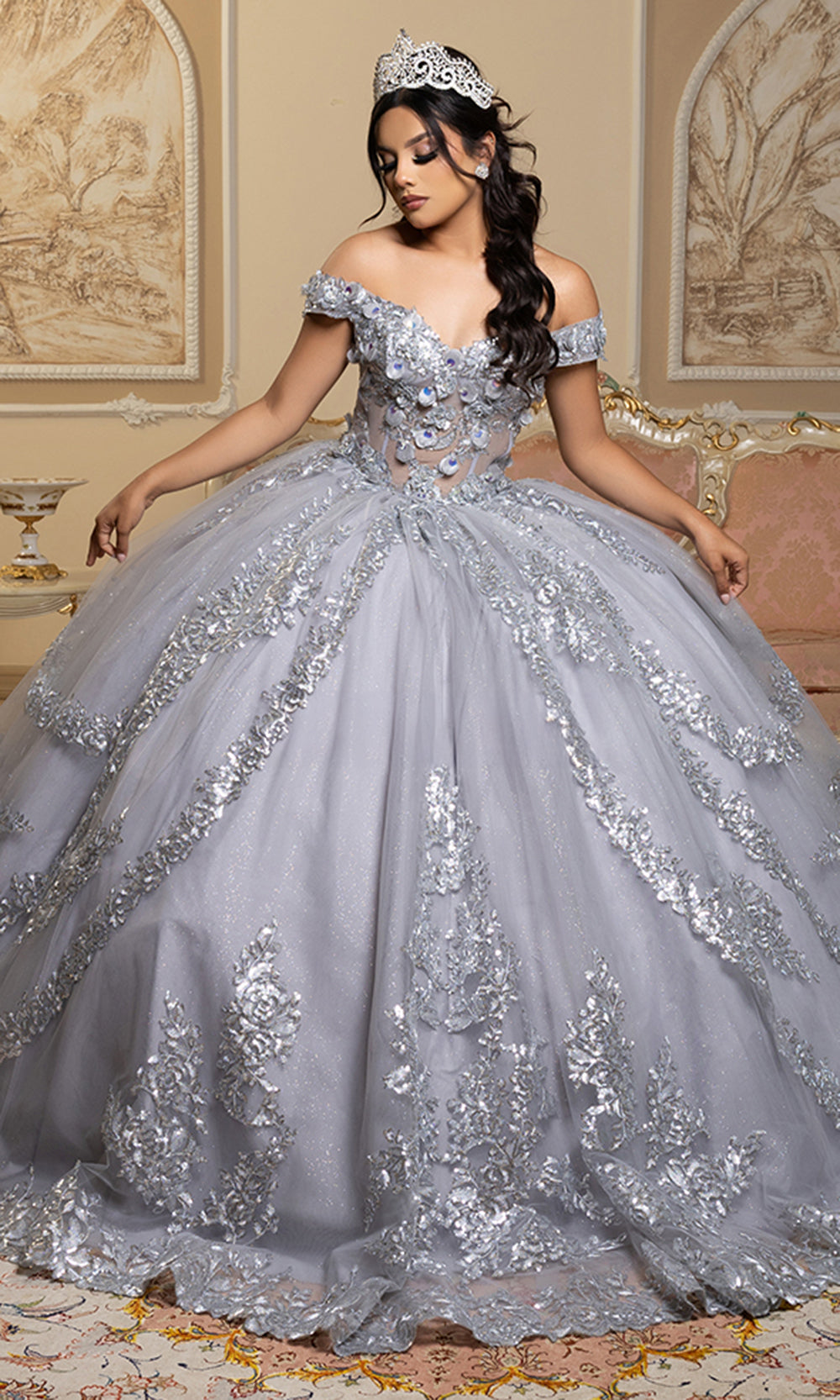 May Queen LK285 - Off Shoulder Sparkle Layered Ballgown Prom Dresses