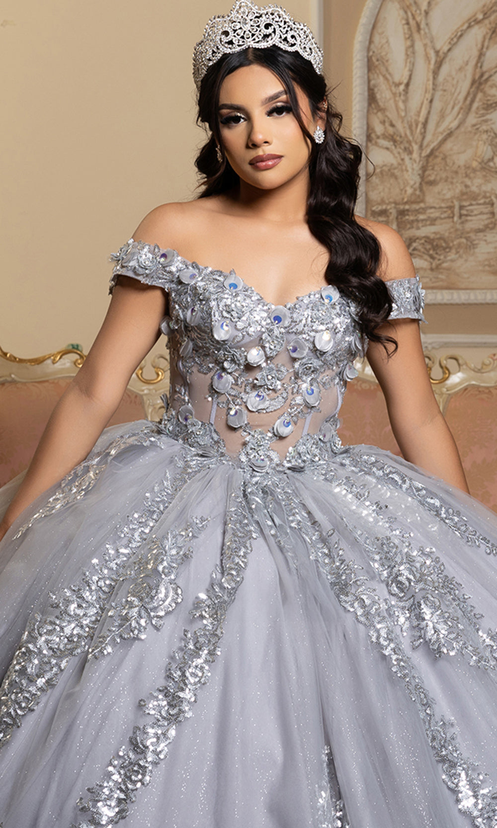 May Queen LK285 - Off Shoulder Sparkle Layered Ballgown Prom Dresses