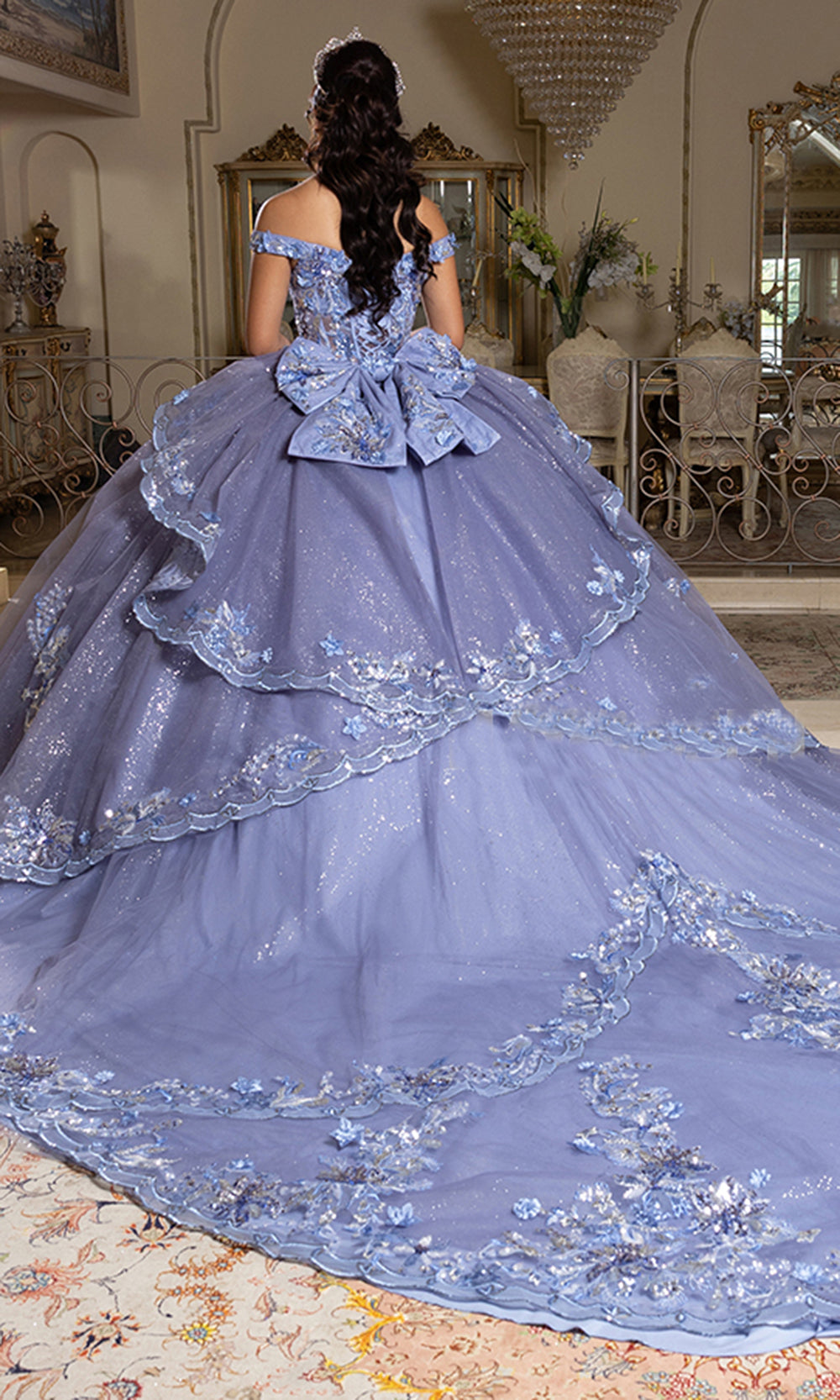 May Queen LK286 - Long Ballgown Dress - Sheer Corset Bodice, 3D Floral Appliques, Beaded, Embroidery, Off Shoulder Sleeves, Oversized Back Bow, May Queen LK286 - Long Ballgown Dress - Sheer Corset Bodice, 3D Floral Appliques, Beaded, Embroidery, Off Shoulder Sleeves, Oversized Back Bow,