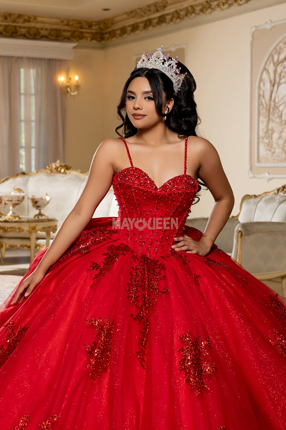 May Queen LK287 - Sleeveless Beaded Sparkle Ballgown with Back Bow