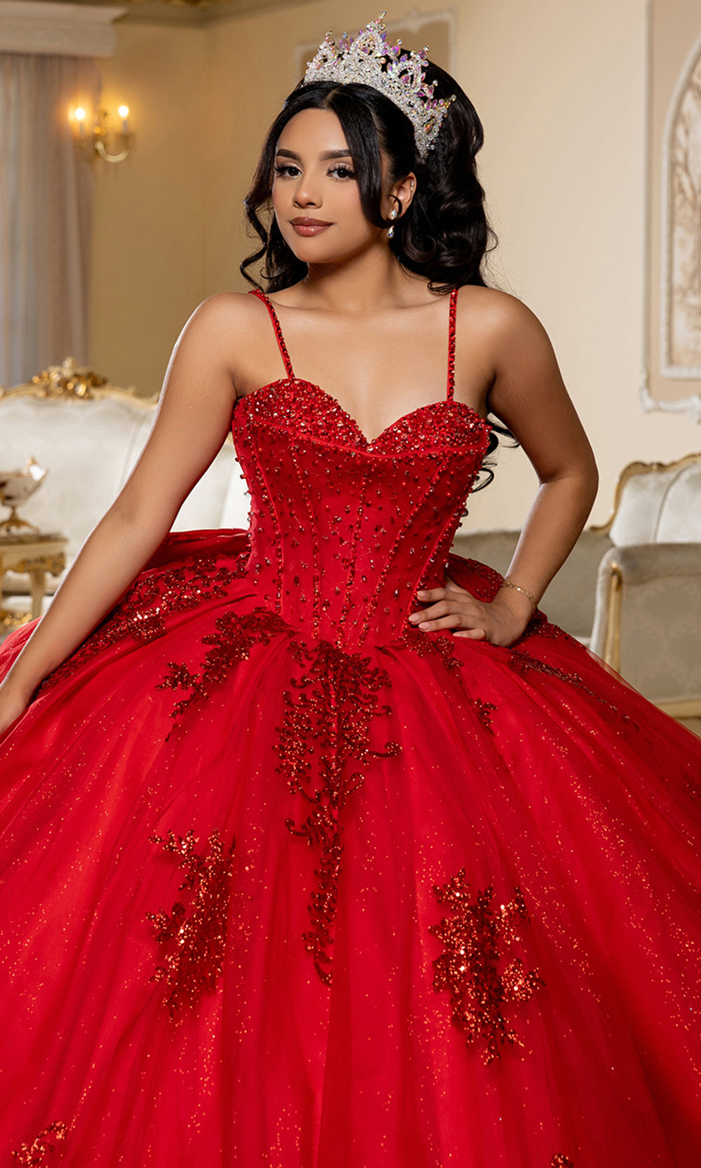May Queen LK287 - Sleeveless Beaded Sparkle Ballgown with Back Bow