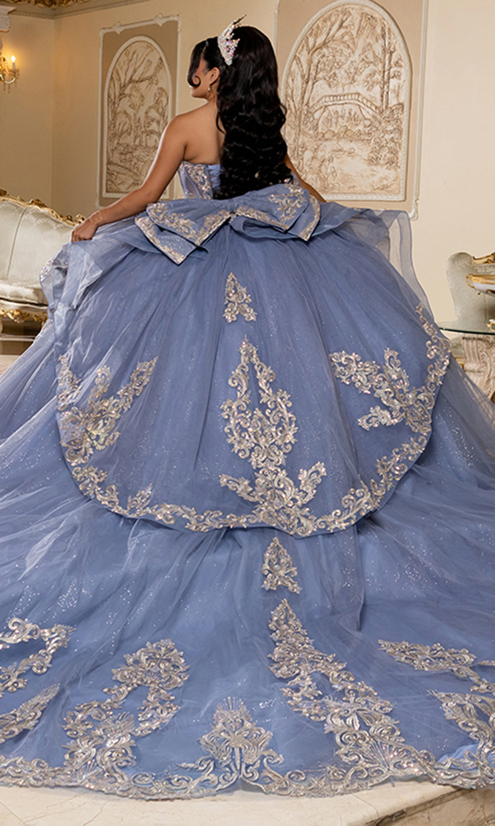 May Queen LK291 - Illusion Sleeve Beaded Applique Layered Ballgown