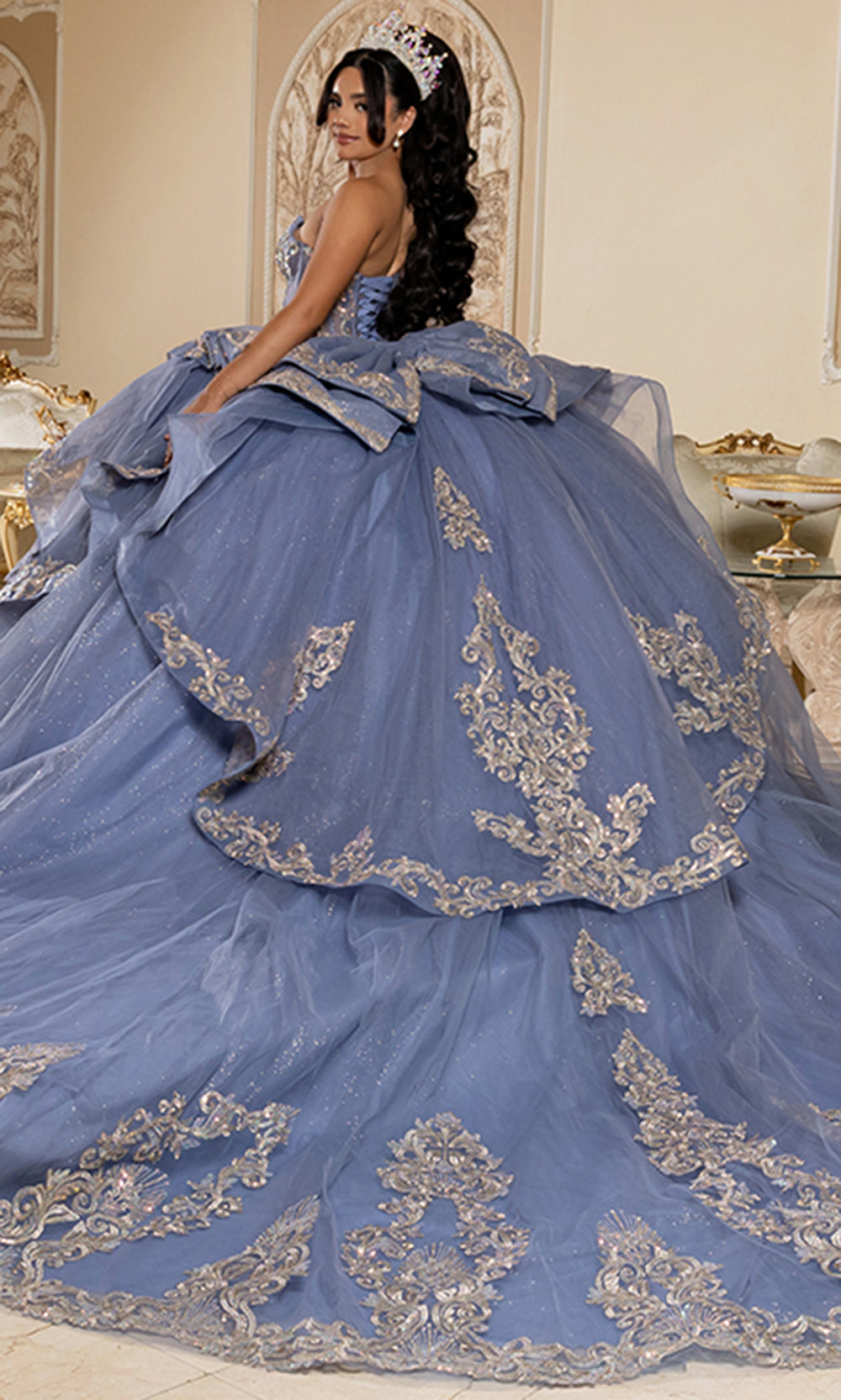 May Queen LK291 - Illusion Sleeve Beaded Applique Layered Ballgown