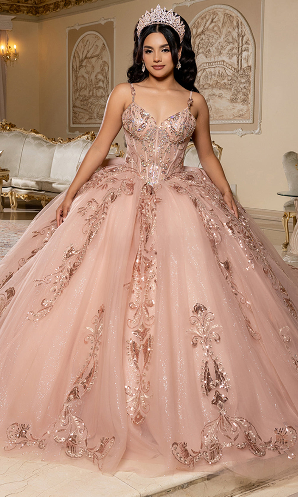 May Queen LK294 - Beaded Applique V-Neck Quince Gown
